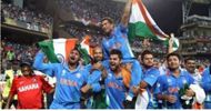 Sachin Tendulkar, being carried by Virat Kohli after India had won the 2011 World cup.